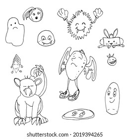 Set of hand drawn doodle Monsters. Outline. Vector stock illustration.
