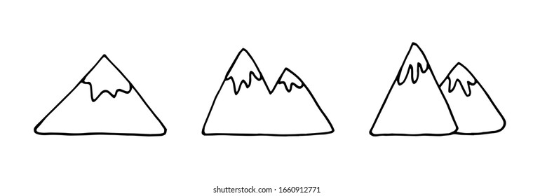 Set of hand drawn doodle mountain. Simple black line. mountain with glacier on top.Best for design of nature and children's coloring book. environment concept. Vector illustration isolated on white 