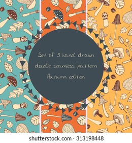 Set of hand drawn doodle  mushroom vector seamless pattern.  Vintage wallpaper. Scrapbook paper pattern.