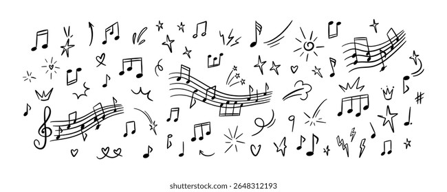 Set of hand drawn doodle music notes. Handwriting crayon scribble. Musical symbols sketch. Childish melody background. Whimsical chalk kid pattern. Classic concert poster design