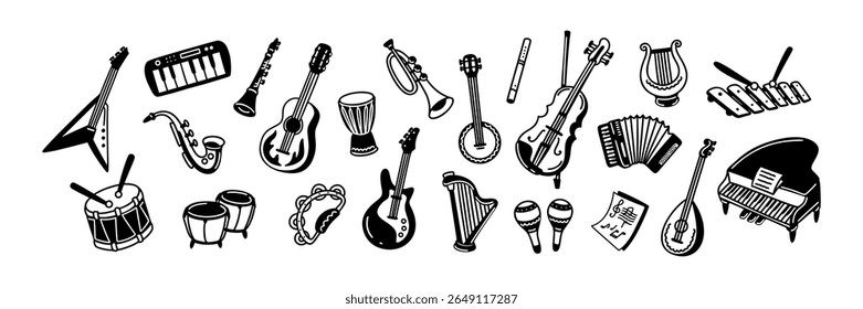 Conjunto de instrumentos de música de garatujas desenhados à mão. Ilustração vetorial. Concerto da orquestra clássica. Conceito de festival de jazz, rock, pop e reggae. Conjunto de ícones do Linocut. Cartaz da escola musical