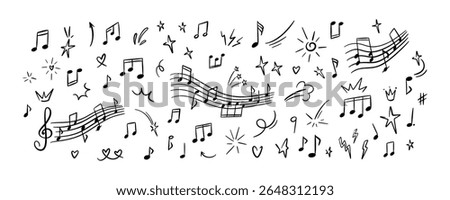 Set of hand drawn doodle music notes. Handwriting crayon scribble. Musical symbols sketch. Childish melody background. Whimsical chalk kid pattern. Classic concert poster design