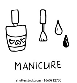 Conjunto de doodle dibujado a mano el clavo polaco pincel y los archivos de uñas. Golpe negro sobre fondo blanco. Escritura a mano con letra Manicure. Dos gotas de lacado