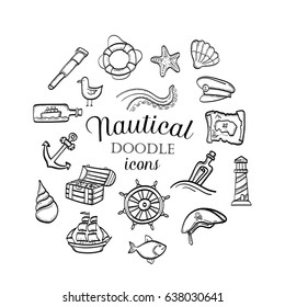 Set of hand drawn doodle nautical icons. Collection of sea icons.