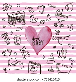 Set of hand drawn doodle Newborn icons. Baby card.