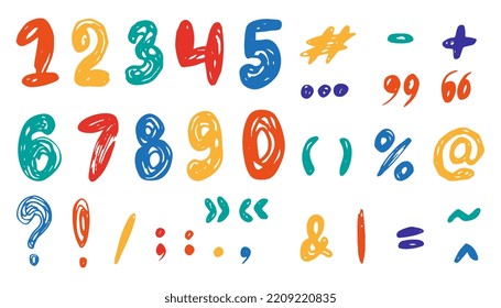 Set Of Hand Drawn Doodle Numbers, Math Signs And Punctuation Marks