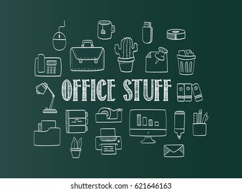 Set Of Hand Drawn Doodle Office Stuff Icons On The Chalkboard Background. Office Items Drawing On The Blackboard. 