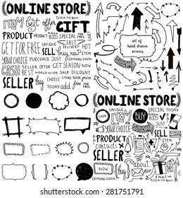 Set of hand drawn doodle online shopping elements. Lettering and icons.