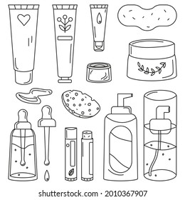 Conjunto de elementos de esquema de doodle dibujados a mano de productos de cuidado de la piel facial, ilustración vectorial aislada sobre fondo blanco