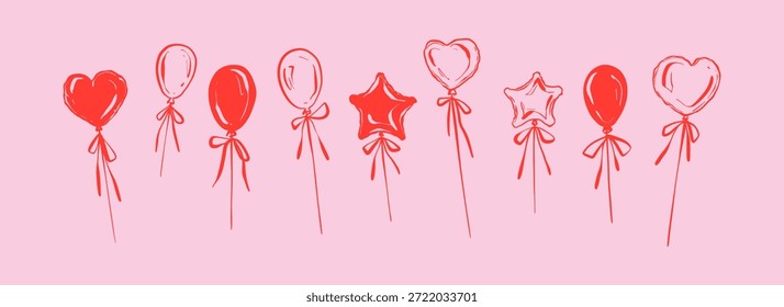 Conjunto de dibujo a mano doodle contorno coqueto globo conjunto. Fondo caprichoso del dibujo del crayón para el cumpleaños, despedida de soltera, día de San Valentín, fiesta de boda, invitaciones, diseños. Serpentina de globo