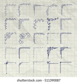 Set of Hand Drawn Doodle Outlined Corners. Rustic Decorative Design Elements, Floral Frame Corners, Swirls, Borders on Crumpled Notebook Texture. Pen Drawing Vector Illustration.