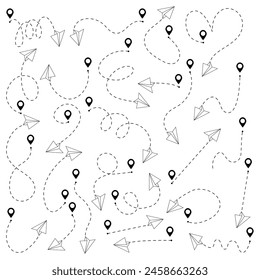 Set of hand drawn doodle paper airplane isolated on white background.