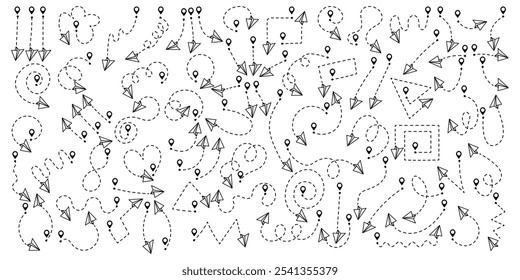 Set of hand drawn doodle paper airplane isolated on white background.