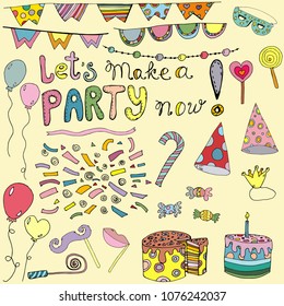  Set of hand drawn doodle party elements: flags, balloons, mask, candies, confetti, cones, cakes, lolly pop for decoration, celebration artwork. Colorful isolated scetch. Vector illustration