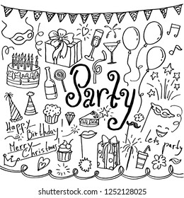 Set of hand drawn doodle party icons. Collection of design elements