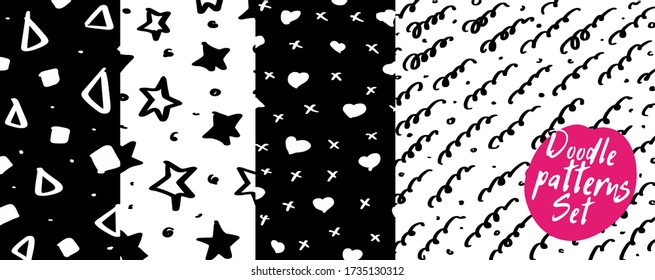 Set of hand drawn doodle pattern with star, heart, triangle and wave. Seamless pattern. Pencil sketch. Vector abstract texture and background