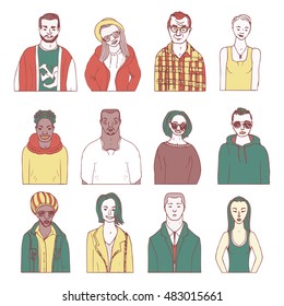 set of hand drawn doodle people. funny portraits. vector avatar