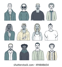 set of hand drawn doodle people. funny portraits. vector avatar