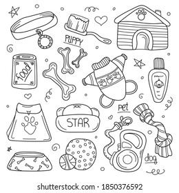 Set of hand drawn doodle pet shop. Dog accessories elements: doghouse, food, leash, bone, care elements ets. Sketch style vector stock illustration isolated on white background.