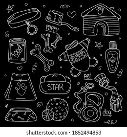 Set de tienda de mascotas de doodle dibujado a mano. Elementos accesorios de perro: Doghouse, alimentos, correa, hueso, elementos de cuidado. Esbozar ilustración vectorial de estilo aislada en fondo negro.