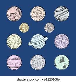 Set of hand drawn doodle planets with different textures. Sketch space illustration.