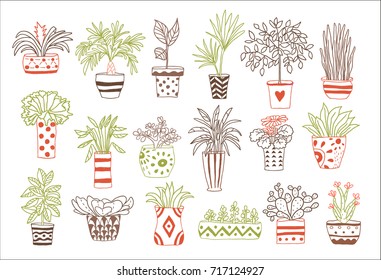Set of hand drawn doodle plants, contours, retro style.