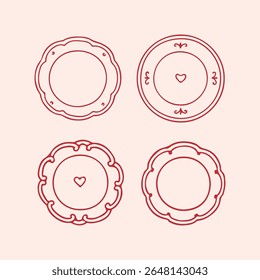 Set of hand drawn doodle plates in red color. Romantic plates for a holiday in sketch style. Tableware for wedding, Valentines day, Birthday. Vector illustration