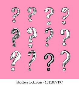 Set of hand drawn doodle question marks. Cartoon question marks in grunge texture style. Vector illustration.