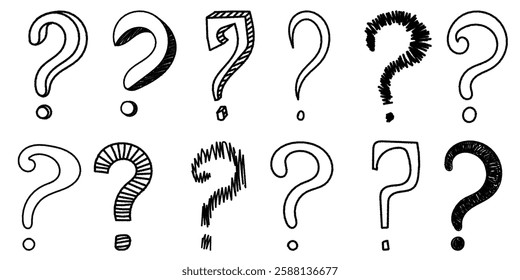 Set of hand drawn doodle question marks icon elements. Ink or charcoal graphic vector elements