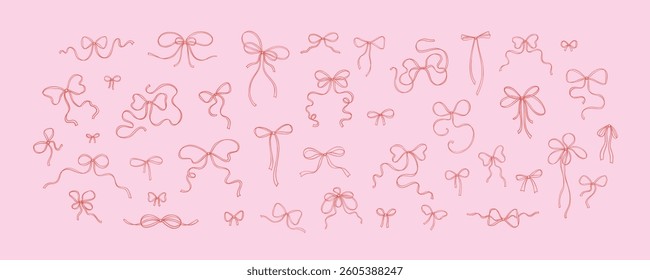 Set of hand drawn doodle ribbon bows. Cute line art vector vintage illustration. Trendy design elements in coquette minimalist style for wedding, Valentines day, birthday party. Present and gift box