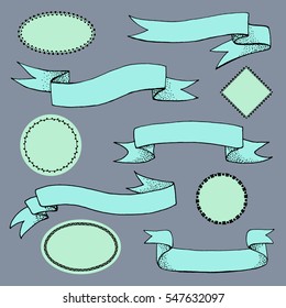Set of hand drawn doodle ribbon, banner and frame. Vector illustration for decoration, scrapbook, advertising, sale, shop, web, print