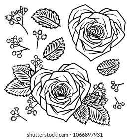 Set of Hand Drawn doodle rose heart shape flowers and herbs vintage floral elements on white background. Contour art for coloring