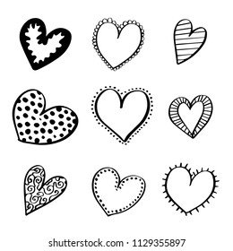 Set of hand drawn doodle rough marker hearts isolated on white background. Vector Illustration.