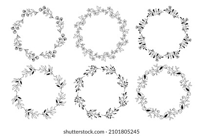 Set of hand drawn doodle round floral wreaths frames. Flower line and leaf circle frames design elements for wedding, mothers day, birthday, invitations.