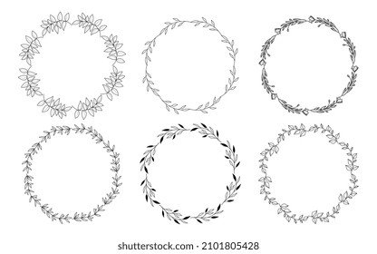Set of hand drawn doodle round floral wreaths frames. Flower line and leaf circle frames design elements for wedding, mothers day, birthday, invitations.