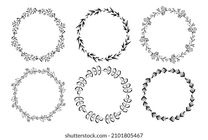 Set of hand drawn doodle round floral wreaths frames. Flower line and leaf circle frames design elements for wedding, mothers day, birthday, invitations.