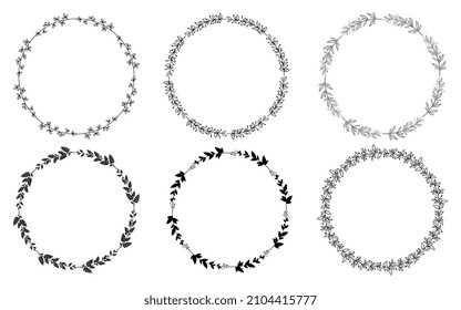 Set of hand drawn doodle round floral wreaths frames. Flower line and leaf circle frames design elements for wedding, mothers day, birthday, invitations.