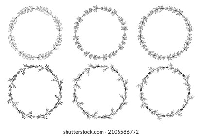 Set of hand drawn doodle round floral wreaths frames. Flower line and leaf circle frames design elements for wedding, mothers day, birthday, invitations.