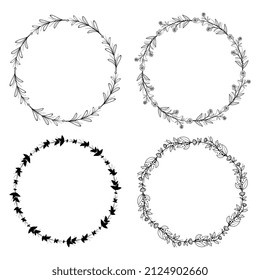 Set of hand drawn doodle round floral wreaths frames. Flower line and leaf circle frames design elements for wedding, mothers day, birthday, invitations.