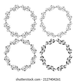 Set of hand drawn doodle round floral wreaths frames. Flower line and leaf circle frames design elements for wedding, mothers day, birthday, invitations.