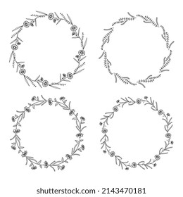 Set of hand drawn doodle round floral wreaths frames. Flower line and leaf circle frames design elements for wedding, mothers day, birthday, invitations.