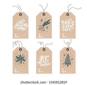 Set of hand drawn doodle scandinavian Christmas element tags with place for text. Collection holiday vector gift tags and bundle decorative hygge xmas elements