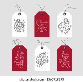Set of hand drawn doodle scandinavian Christmas element tags xmas texts. Collection holiday vector gift tags for design, web, poster, greeting card, banner