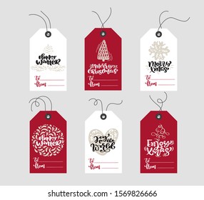 Set of hand drawn doodle scandinavian Christmas element tags with place for text. Collection holiday vector gift tags and bundle decorative hygge xmas elements