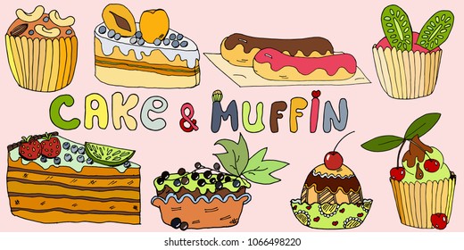 Set of hand drawn doodle scetch coloreful cakes and muffins with fruit and nuts for decoration, isolated on pink background, vector illustration