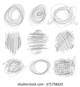 Set of hand drawn or doodle scribble line shapes with start and end. Vector illutration. Isolated scrawl sketches on white background