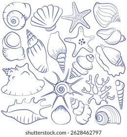 Set of hand drawn doodle sea shells, corals, and starfish in sketch style. Nautical marine collection for summer designs, packaging, kids decor, and ocean-themed projects.