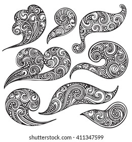 Set of hand drawn doodle sea waves isolated on white background. Black and white illustration with fancy design elements