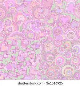 Set of hand drawn doodle seamless patterns with circles and hearts ornament. Light pastel romantic palette.  
