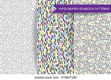 Set of hand drawn doodle seamless patterns, backgrounds, backdrop. Cool colorful creative abstract endless textures.